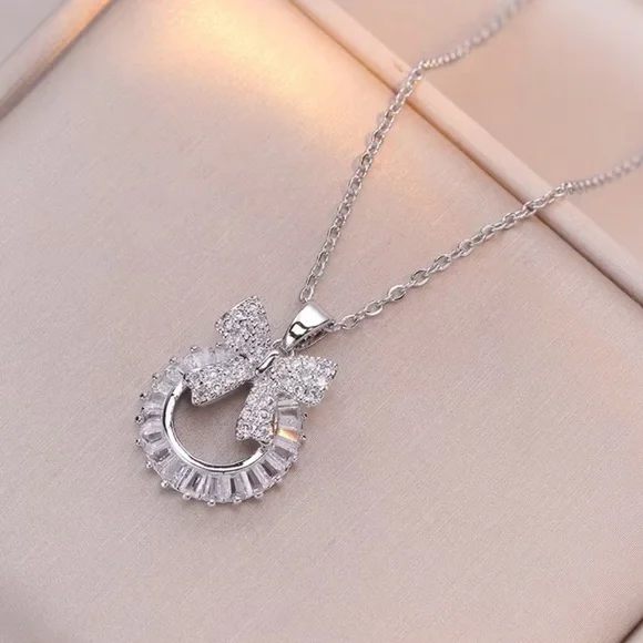 Silver Bow Crystal Pendant Necklace - Picture 2 of 5